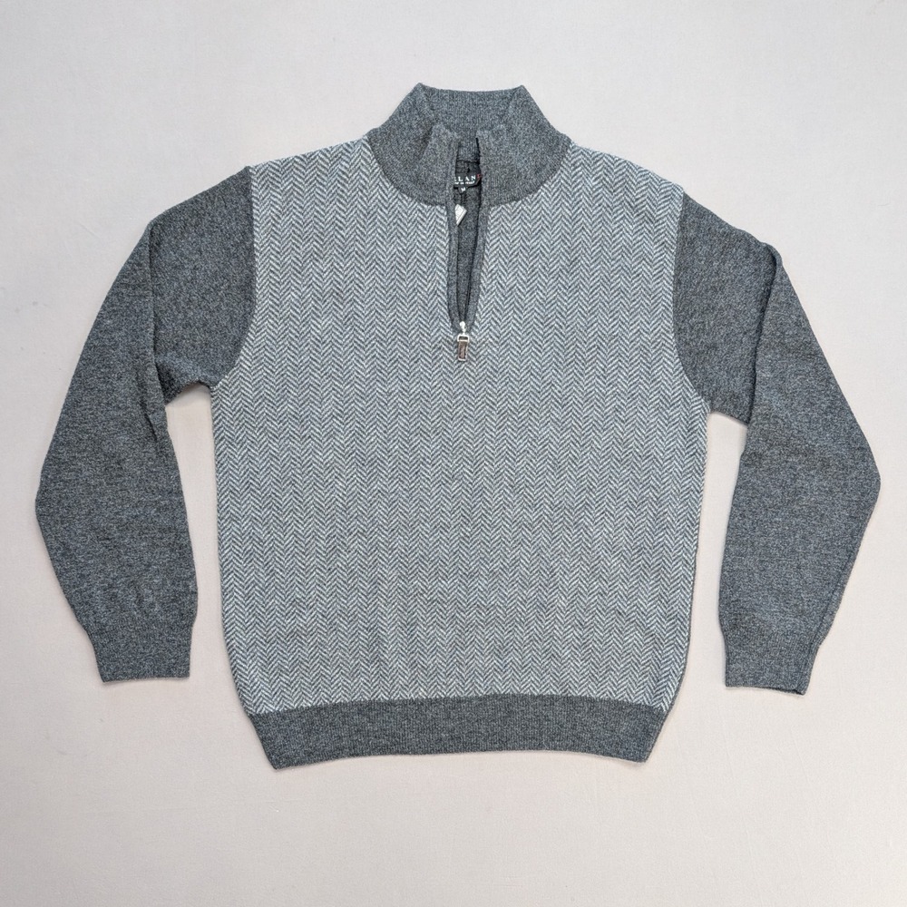 Iceland Made in Italy Wool Blend Quarter Zip Sweater Gray Herringbone NWT